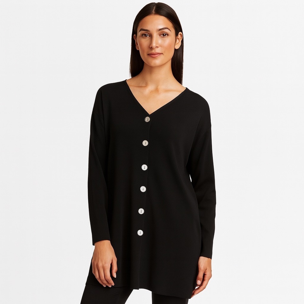 Vintage 90s Belford 100% Silk Black Longline Cardigan Sweater Minimalist Classic